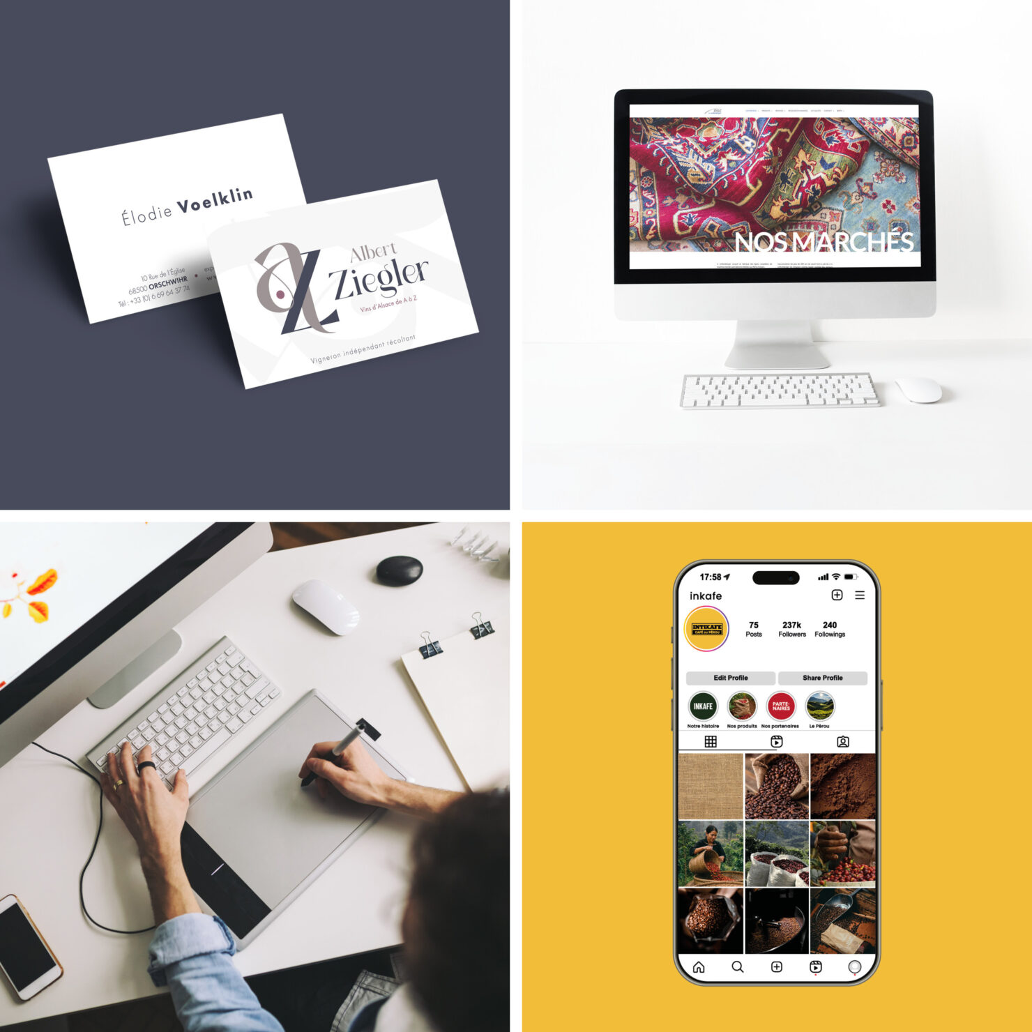 Cette image a pour objectif de mettre en valeur une offre de services en communication visuelle et branding. Elle illustre une approche globale de l’identité de marque, en montrant différents supports de communication : print, web, création graphique et réseaux sociaux. Elle sert à rassurer et séduire les visiteurs en montrant le professionnalisme, la cohérence visuelle et la diversité des compétences proposées.