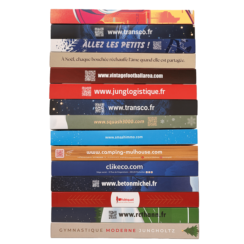 Illustrer la diversité des calendriers de l’Avent personnalisés réalisés pour des entreprises et montrer le potentiel du packaging sur mesure comme support de communication de fin d’année.