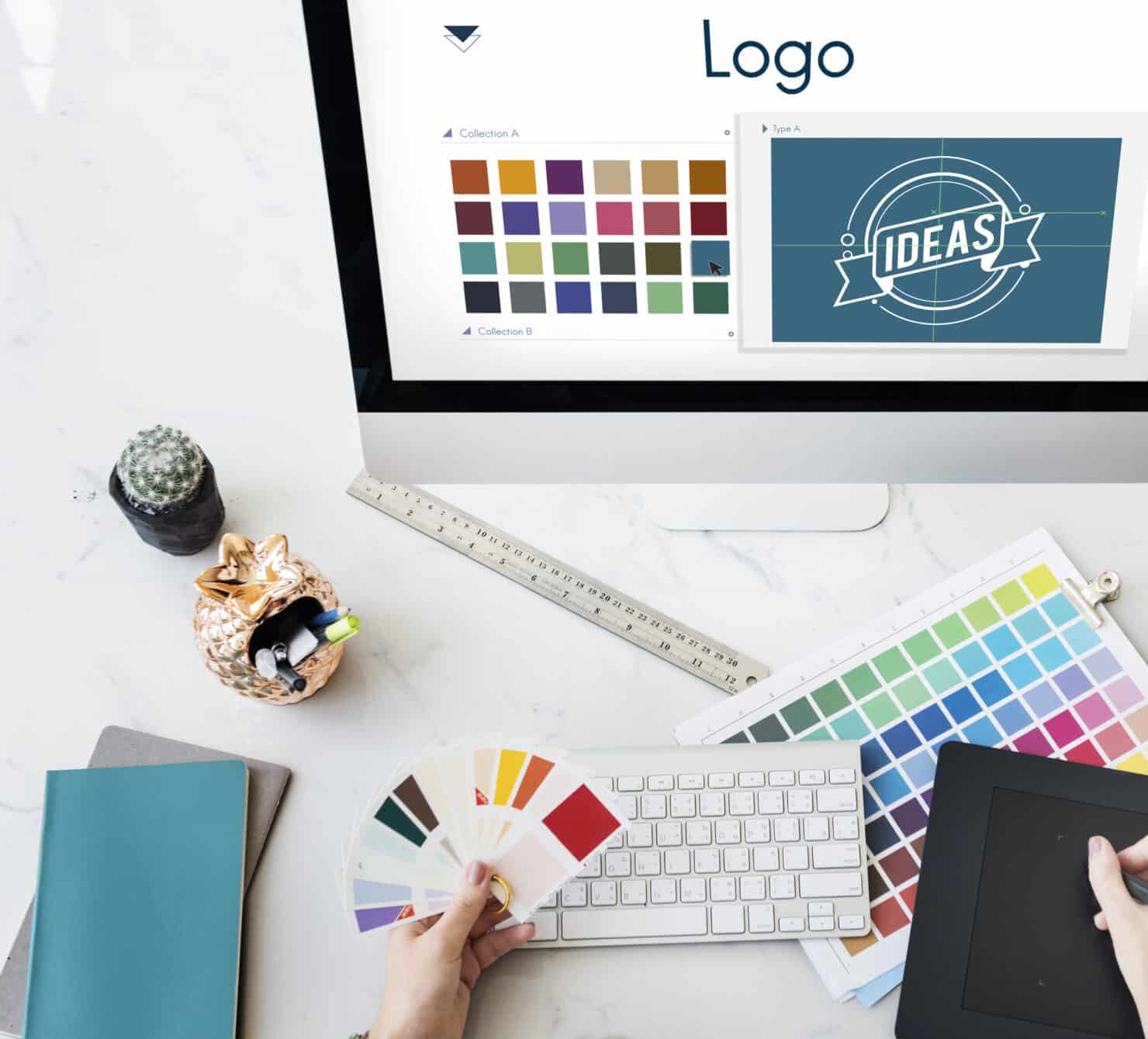 Création de logo pour entreprise avec choix des couleurs, palette graphique et conception d'identité visuelle sur ordinateur.